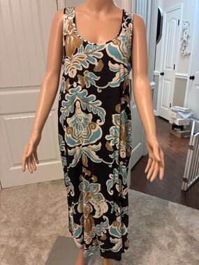 Karen Kane Black Maxi Dress with Teal and Tan Floral Print